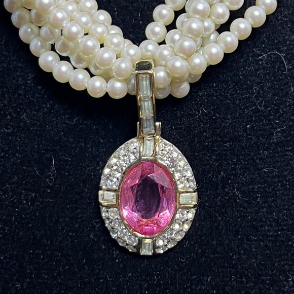VTG Givenchy Style Gold Tone Faux Pearl 6 Strand Necklace W/Pink Pendant (2705) - Picture 6 of 10
